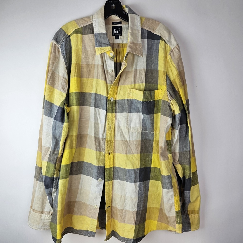 GAP Shirt Mens XL Button Up Cotton Plaid Long Sleeve‎ Blue Gray Standard Fit